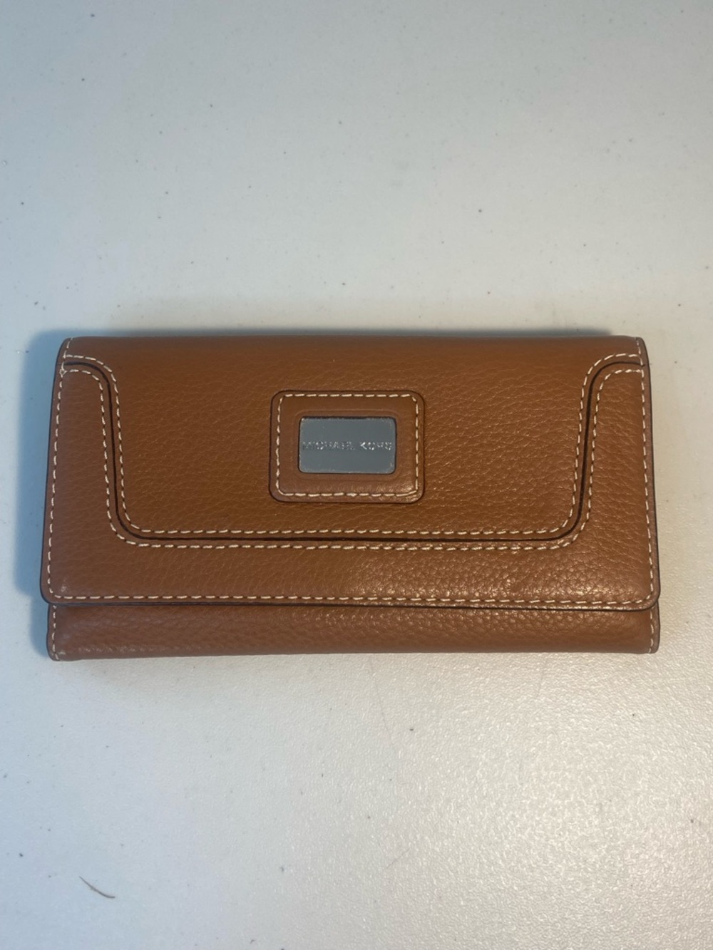 Michael Kors Brookville Brown Pebbled Leather Wallet with Silver Plaque